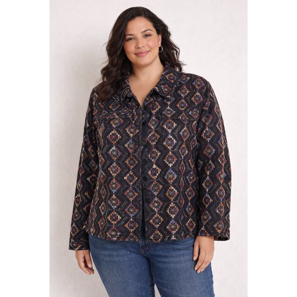 Vintage Southwest Tapestry Denim Jacket Boho Tribal Aztec Coldwater Creek XXL